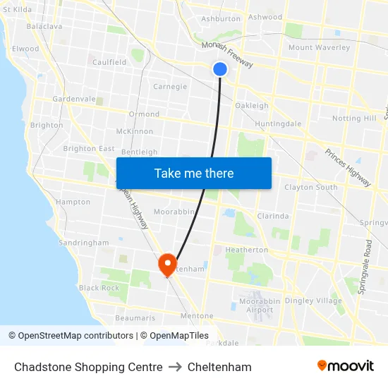 Chadstone Shopping Centre to Cheltenham map