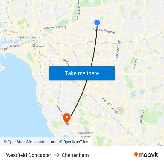 Westfield Doncaster to Cheltenham map