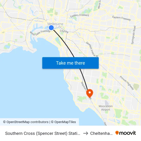 Southern Cross (Spencer Street) Station to Cheltenham map