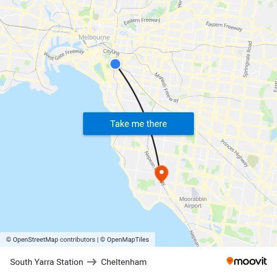 South Yarra Station to Cheltenham map