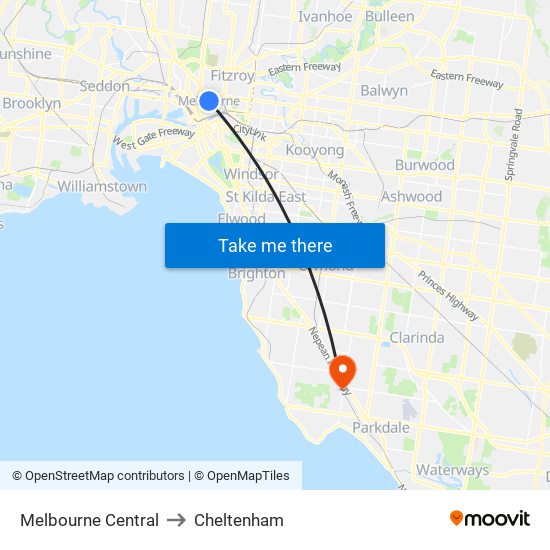 Melbourne Central to Cheltenham map
