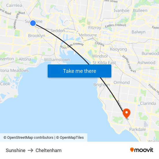 Sunshine to Cheltenham map