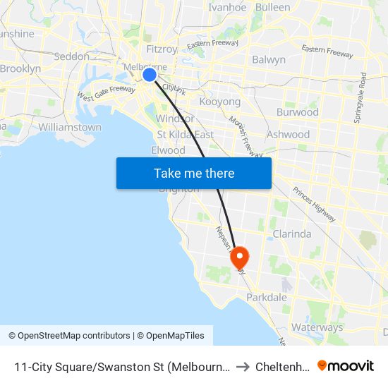 11-City Square/Swanston St (Melbourne City) to Cheltenham map