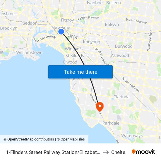 1-Flinders Street Railway Station/Elizabeth St (Melbourne City) to Cheltenham map