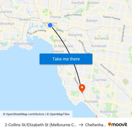 2-Collins St/Elizabeth St (Melbourne City) to Cheltenham map