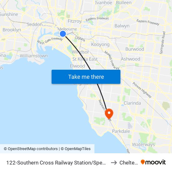 122-Southern Cross Railway Station/Spencer St (Melbourne City) to Cheltenham map