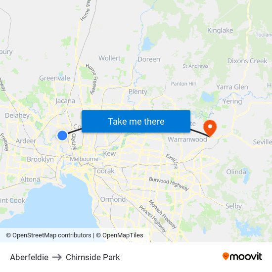 Aberfeldie to Chirnside Park map