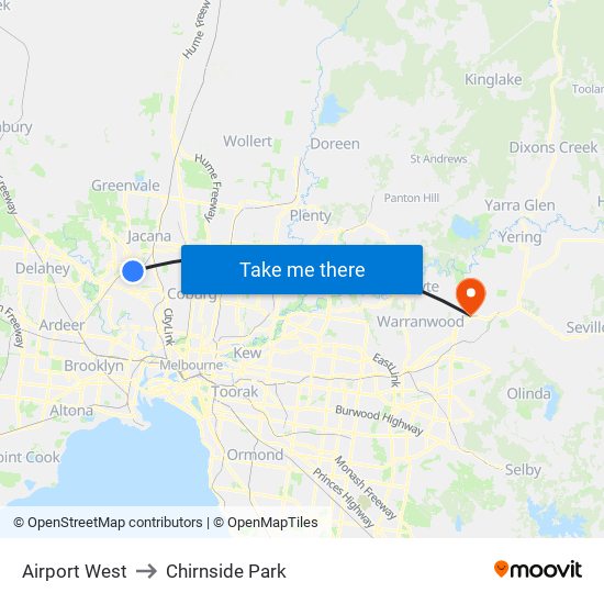 Airport West to Chirnside Park map