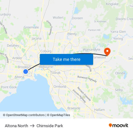 Altona North to Chirnside Park map