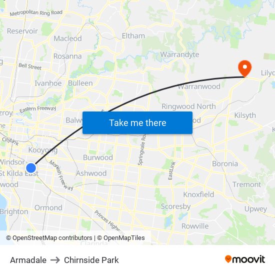 Armadale to Chirnside Park map