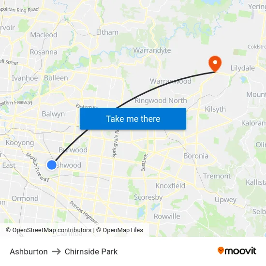 Ashburton to Chirnside Park map