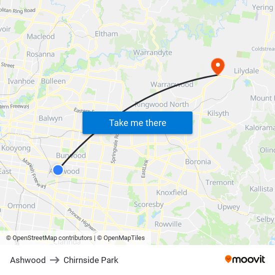 Ashwood to Chirnside Park map