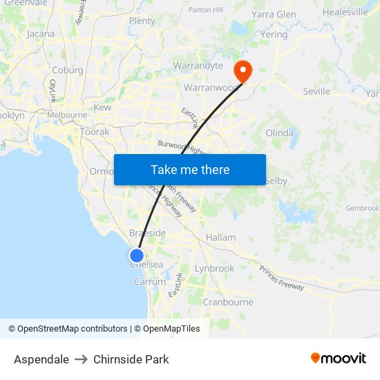 Aspendale to Chirnside Park map