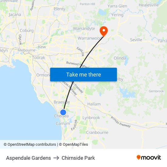 Aspendale Gardens to Chirnside Park map