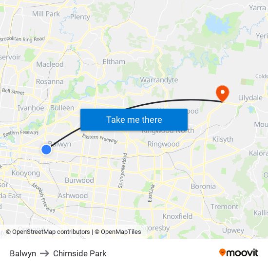 Balwyn to Chirnside Park map