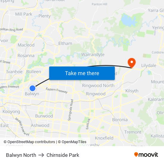 Balwyn North to Chirnside Park map