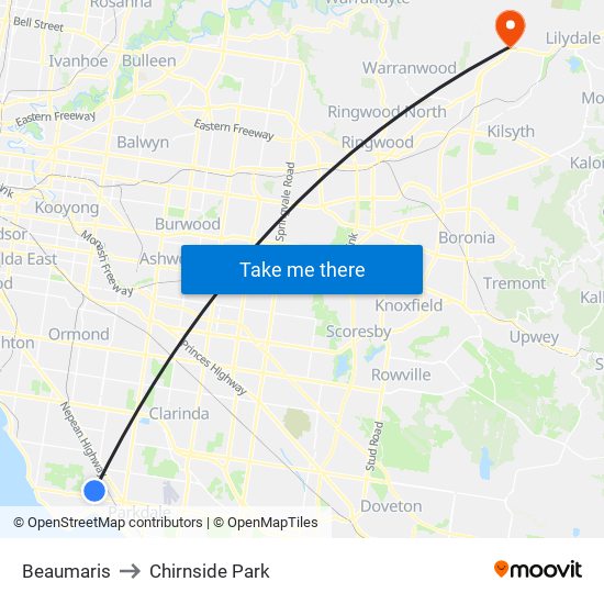 Beaumaris to Chirnside Park map