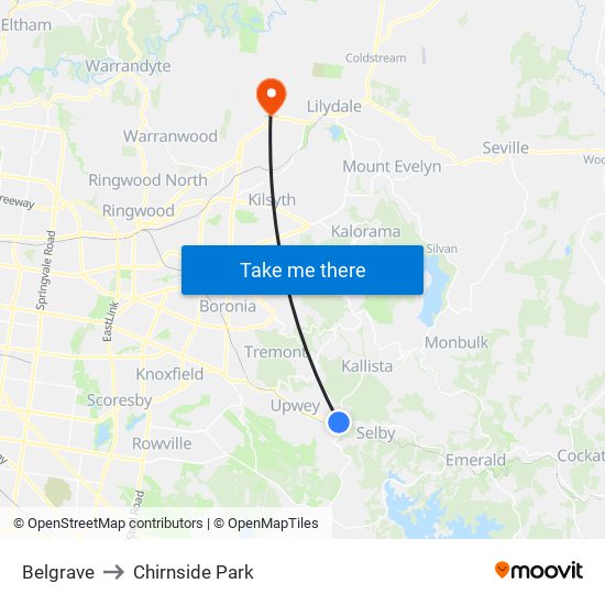 Belgrave to Chirnside Park map