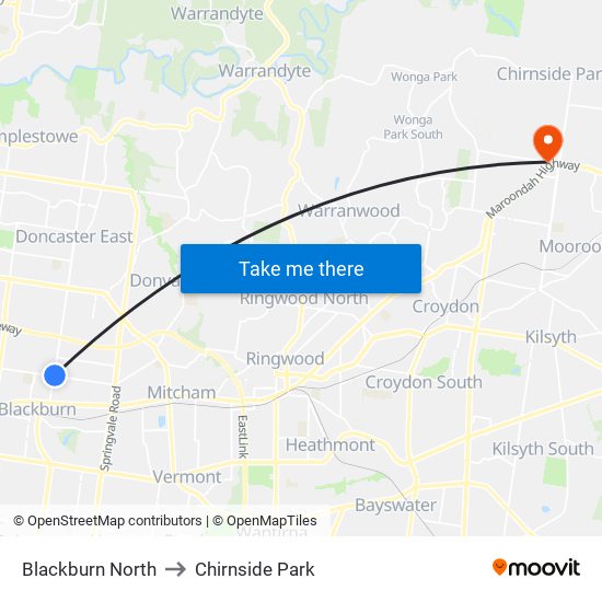 Blackburn North to Chirnside Park map