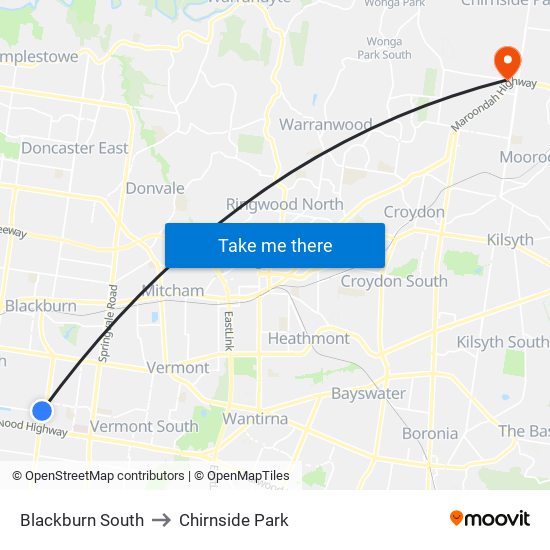 Blackburn South to Chirnside Park map