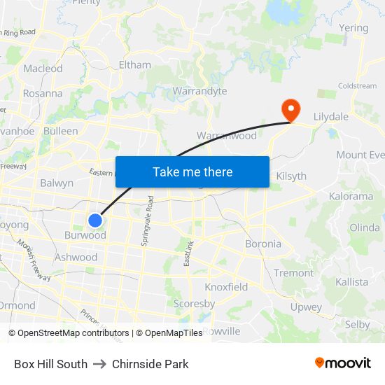 Box Hill South to Chirnside Park map