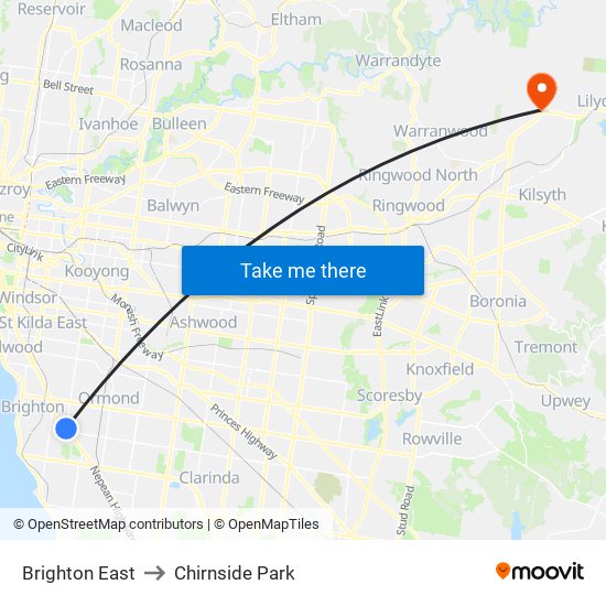 Brighton East to Chirnside Park map