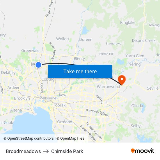 Broadmeadows to Chirnside Park map