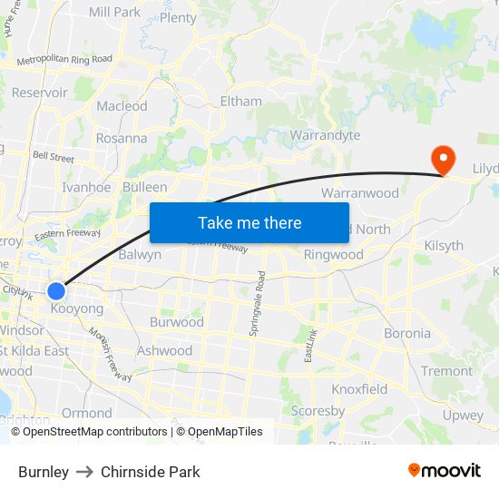 Burnley to Chirnside Park map