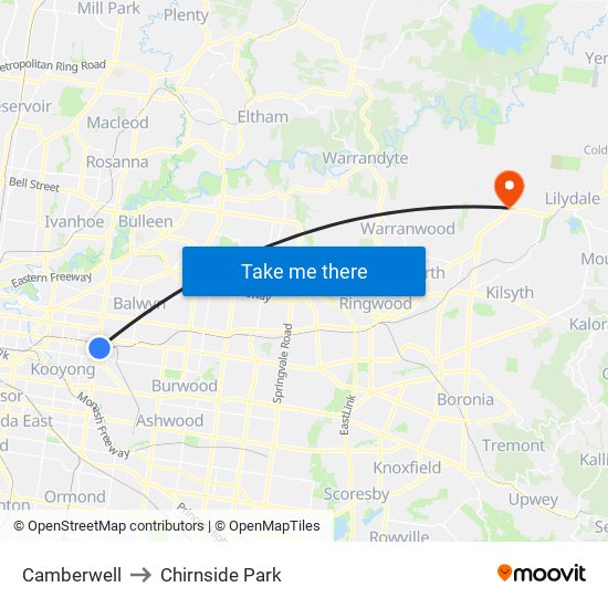 Camberwell to Chirnside Park map