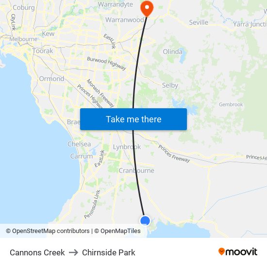 Cannons Creek to Chirnside Park map