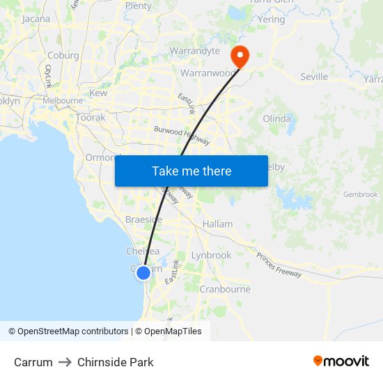 Carrum to Chirnside Park map