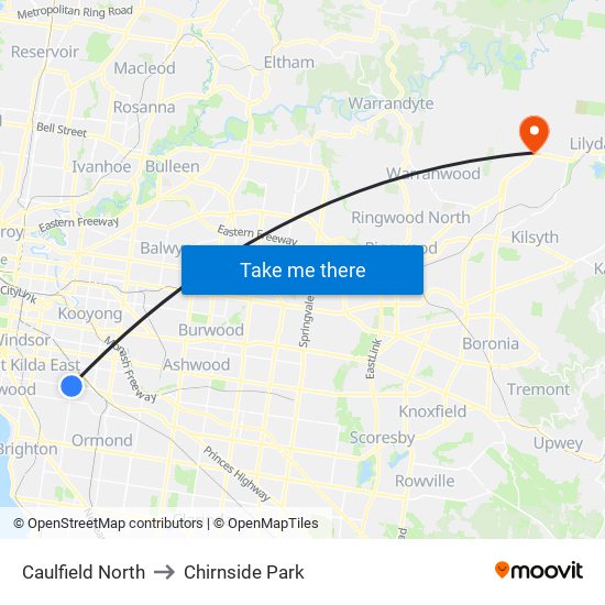 Caulfield North to Chirnside Park map