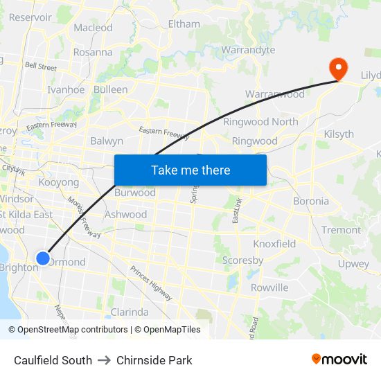 Caulfield South to Chirnside Park map