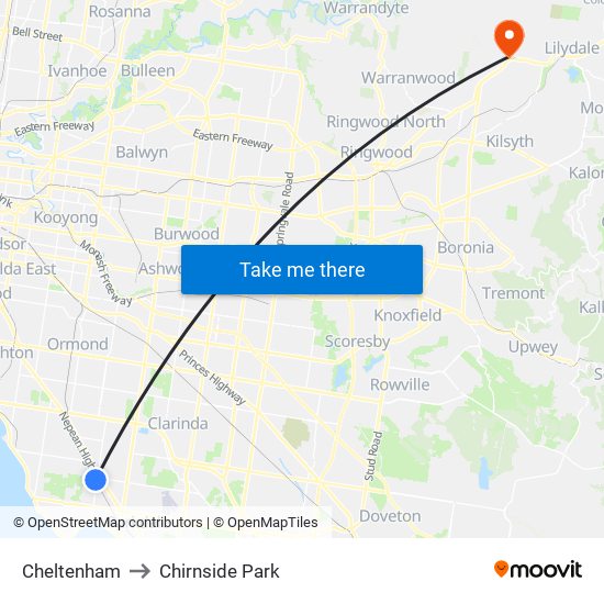 Cheltenham to Chirnside Park map