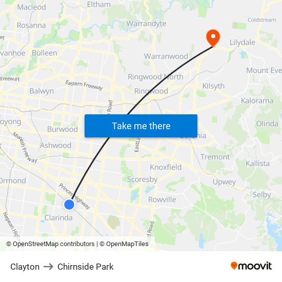 Clayton to Chirnside Park map