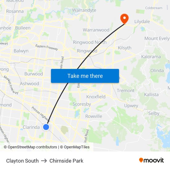 Clayton South to Chirnside Park map