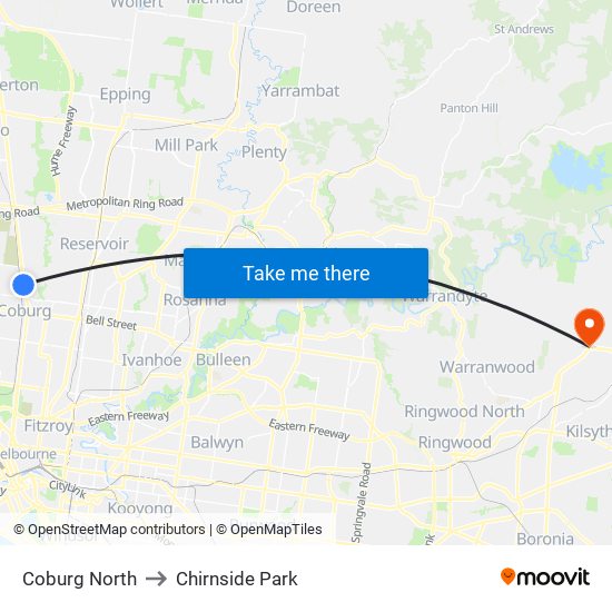 Coburg North to Chirnside Park map