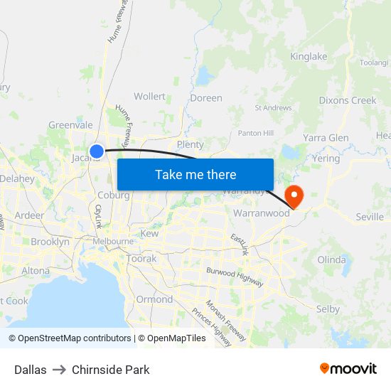 Dallas to Chirnside Park map