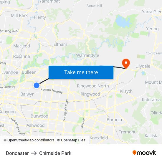 Doncaster to Chirnside Park map