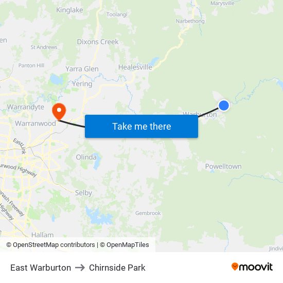 East Warburton to Chirnside Park map