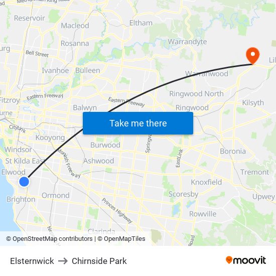 Elsternwick to Chirnside Park map