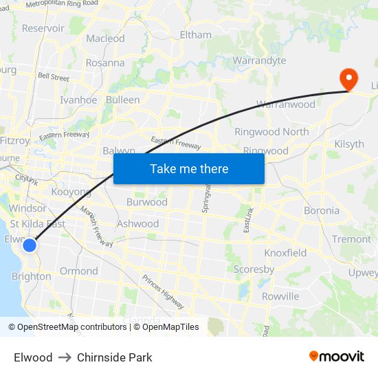 Elwood to Chirnside Park map