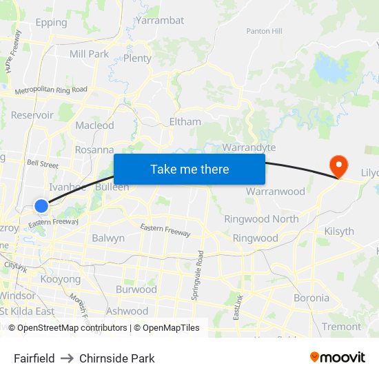 Fairfield to Chirnside Park map