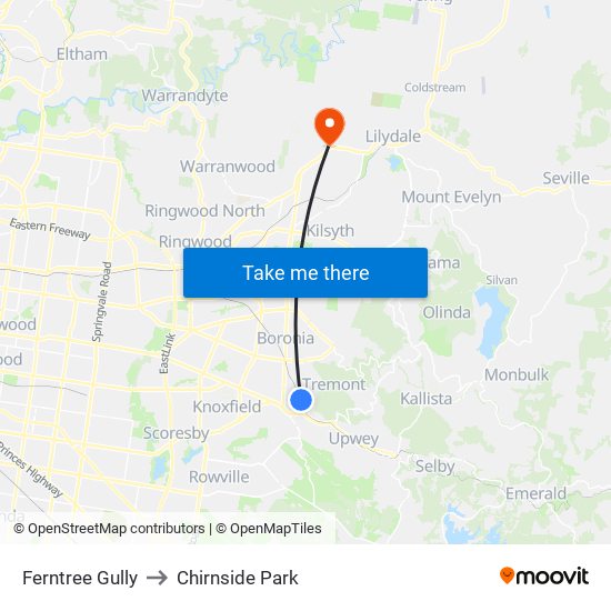 Ferntree Gully to Chirnside Park map