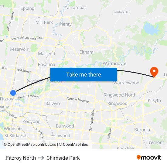 Fitzroy North to Chirnside Park map
