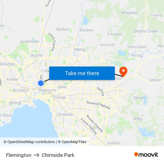 Flemington to Chirnside Park map