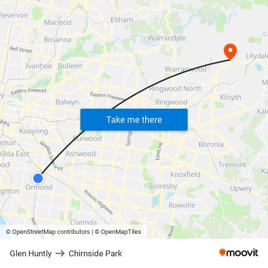 Glen Huntly to Chirnside Park map