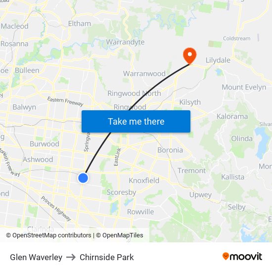 Glen Waverley to Chirnside Park map