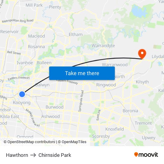 Hawthorn to Chirnside Park map