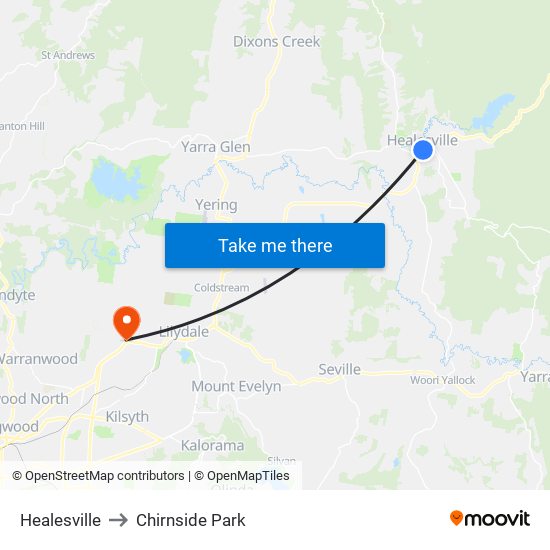 Healesville to Chirnside Park map